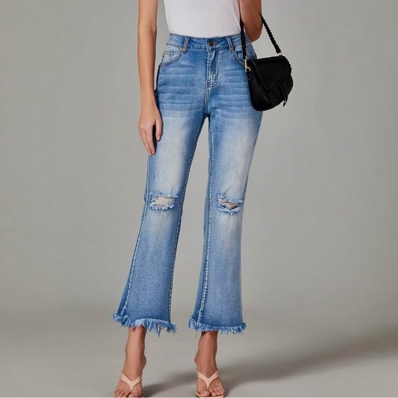 Denim - Like New XXL Crop Flare Jeans High Waist Rip Distressed Wide Leg Stretch Raw Hem